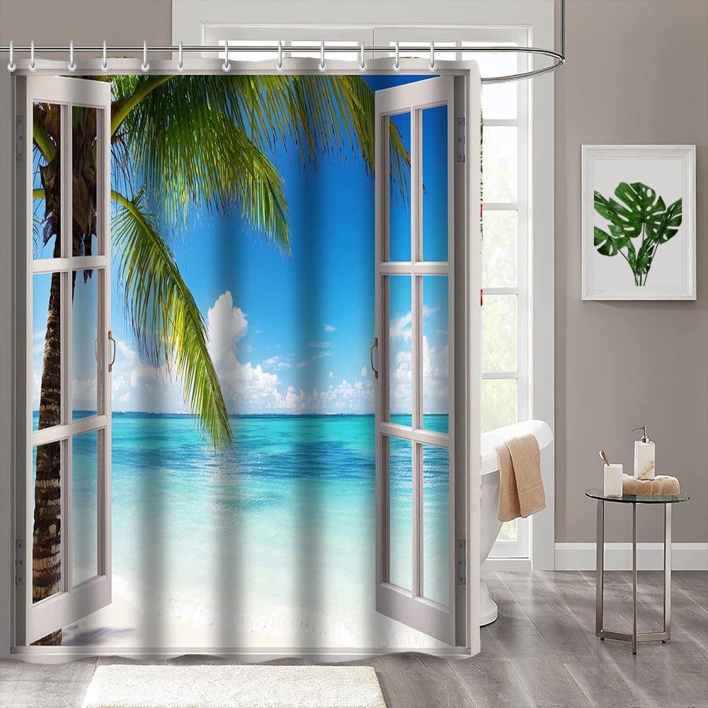 MEHOFOND Summer Beach Shower Curtain Tropical Island Palm Trees Ocean White Wooden Windows Waterproof Polyester Balcony Seascape Shower Curtain Set