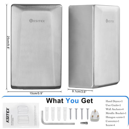 KSITEX Hand Dryer,High Speed Commercial Hand Dryer Stainless Steel Automatic Electric Dryer Wall Mounted for Toilet Bathroom Eco Friendly Brushed