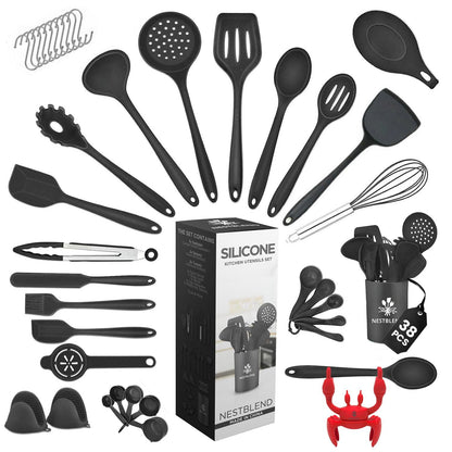 Nestblend Nonstick Kitchen Utensils Set - Silicone Kitchen Cookware Gadgets with Holder - Spoon Holder - Heat Resistant - Dishwasher Safe - BPA Free -