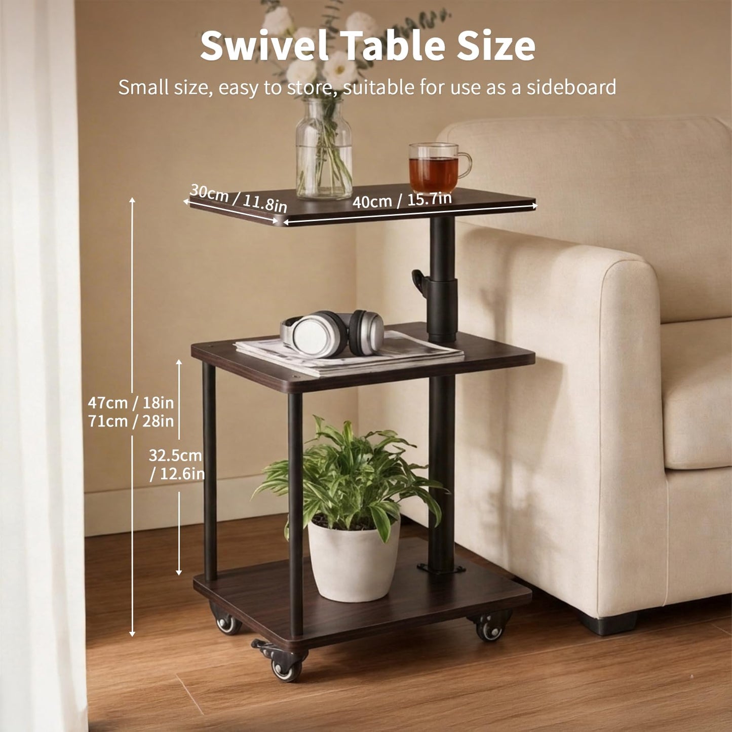 Bingyouth Side Table with Wheels, Adjustable End Table with 360° Swivel Top, 3 Tier Sofa Side Table for Living Room, Bedroom or Bedside