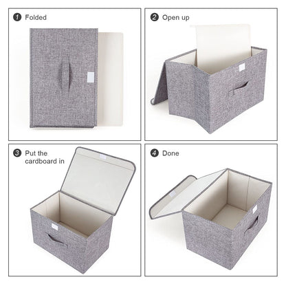 Booxihome 3Pcs Fabric Storage Boxes With Lids For Wardrobe Clothes Toy Foldable Linen 37 * 24 * 25cm (Grey)