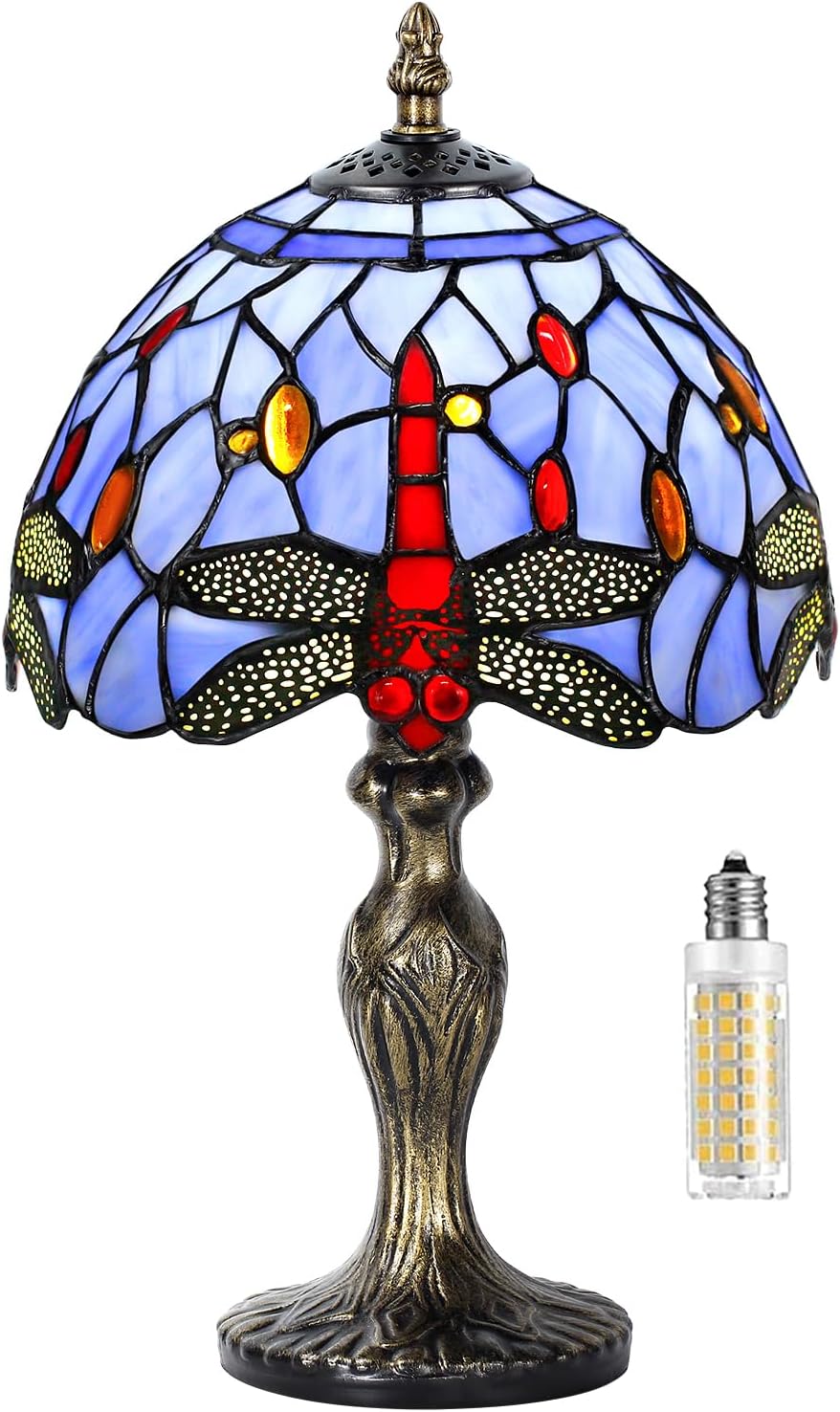 MIAOKE Table Lamp Stained Glass Crystal Bead Style Table Light, Handmade Desk Bedside Table Night Lamp, Antique Art Craft Gifts Lover Kid Living Room Bedroom Study Bookcase Desk Ligh(Blue Dragonfly)