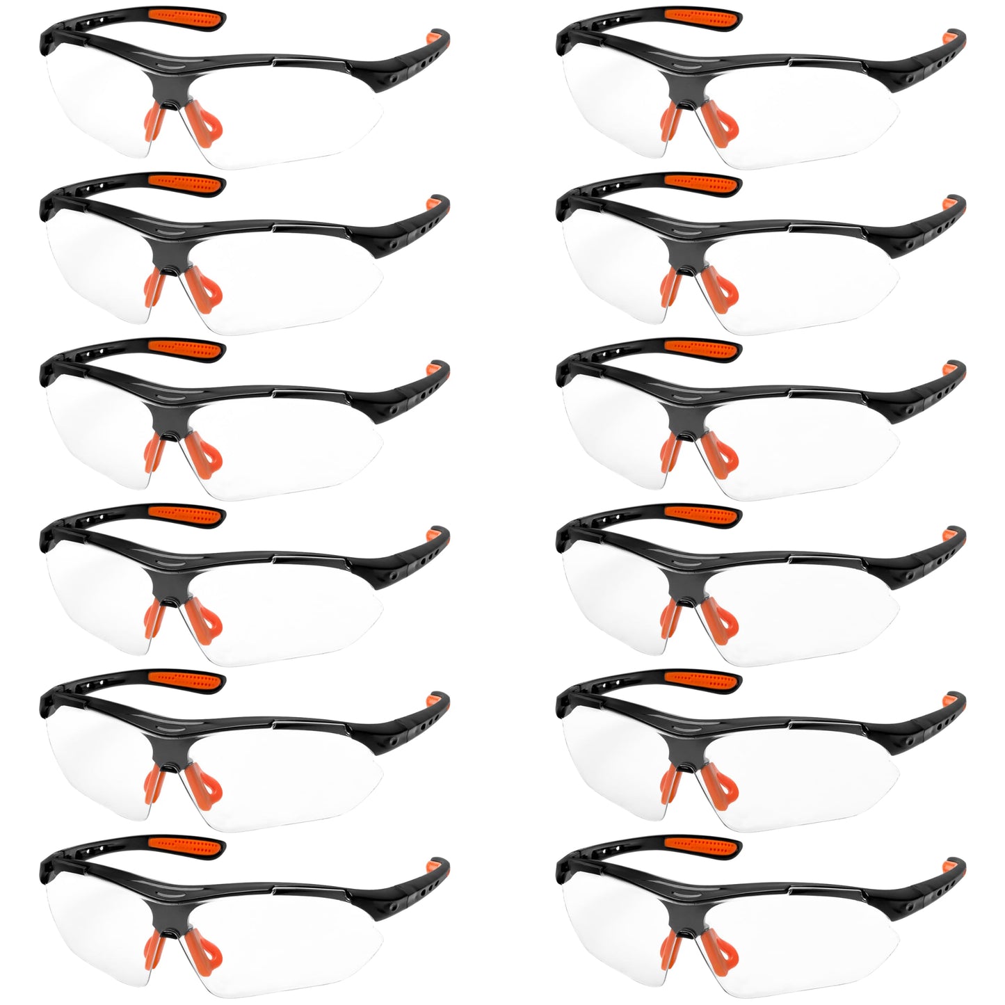 Kurtzy (12 Pack Black & Orange CE Certified Safety Glasses with Clear Lenses - Wrap-Around PPE Goggles with Rubber Nose - Scratch Resistant Eyewear