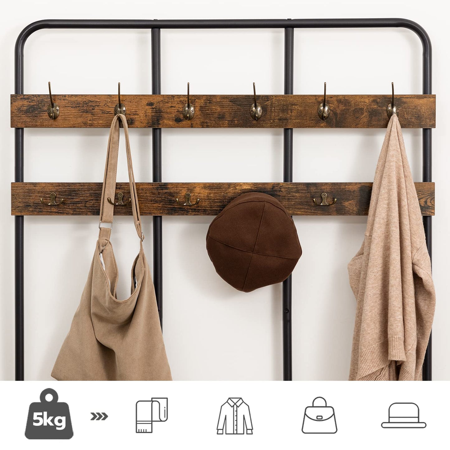HOOBRO Coat Stand, 182 cm Coat Rack with Shoe Bench, Hall Tree with 12 Hooks, Shoe and Coat Rack for Living Room Entryway Hallway, Industrial Style