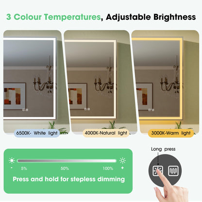 S'bagno Bathroom Mirror Cabinet 500x700mm, Lighted Bathroom Wall Cabinet with Mirror, Aluminium Alloy, Internal socket, Anti-Fog, 3 Colours Dimmable
