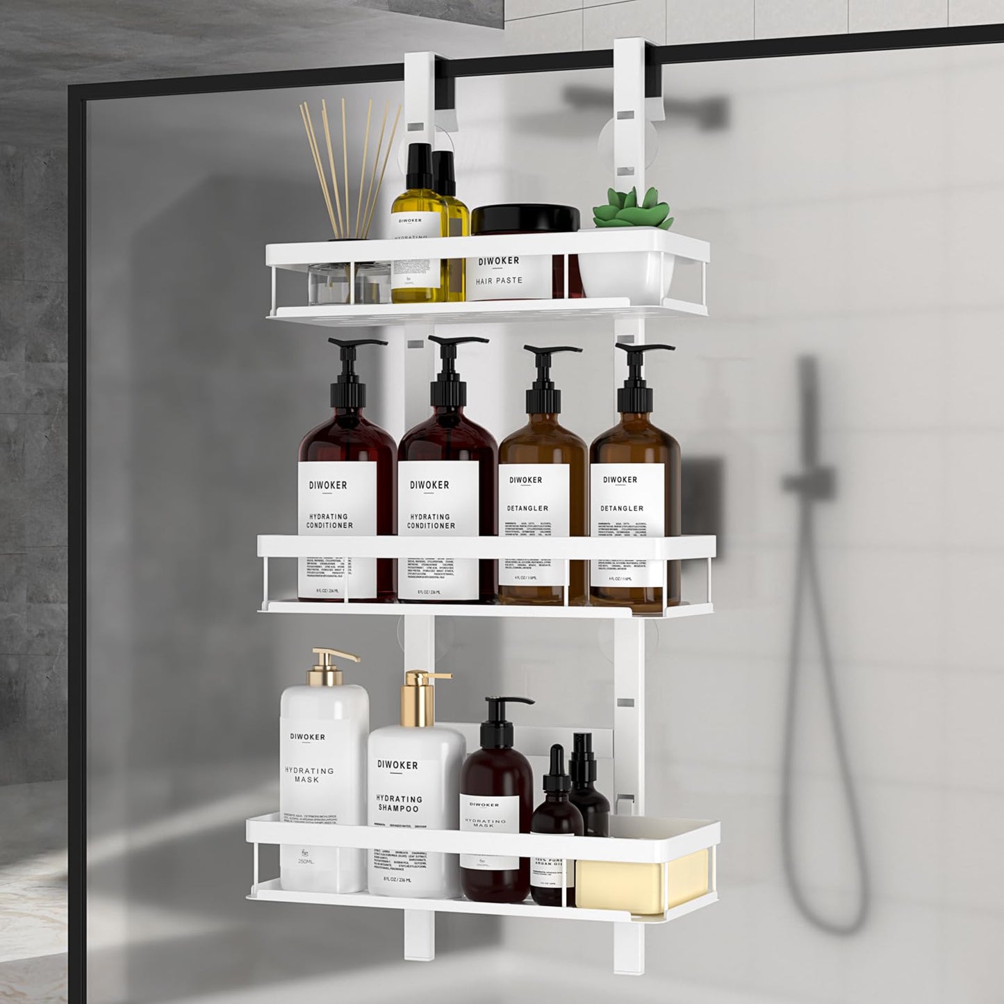 Diwoker Shower Caddy Hanging, Over Door Bathroom Storage White, 3-Tier
