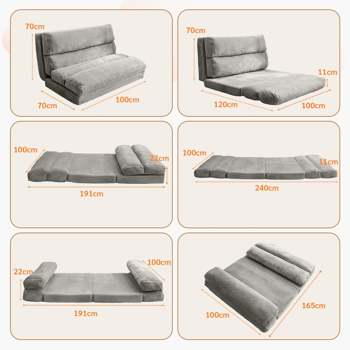 MAXYOYO Bean Bag Bed Folding Sofa Bed Floor Mattress for Adults, Extra Thick 6 Fold Floor Sofa Floor Couch for Bedroom Living Room, Gray, 100x240 cm