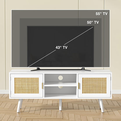 Skokliz TV Unit, 120cm TV Stand Cabinet for TVs up to 55inch, Rattan TV Table with 2 Doors and 2 Open Shelves, Boho Media TV Cabinet for Living Room