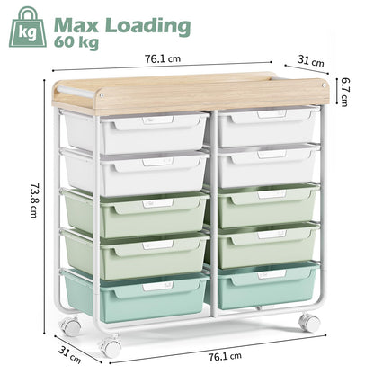 10-Drawer Craft Organizer Trolley Cart, Green