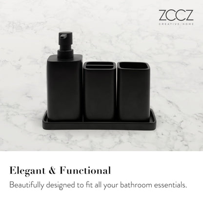 zccz Bathroom Accessory Set - 4 Piece Organiser with Toothbrush Holder, Soap Dispenser, Tumbler and Tray - Black Matte Accessories