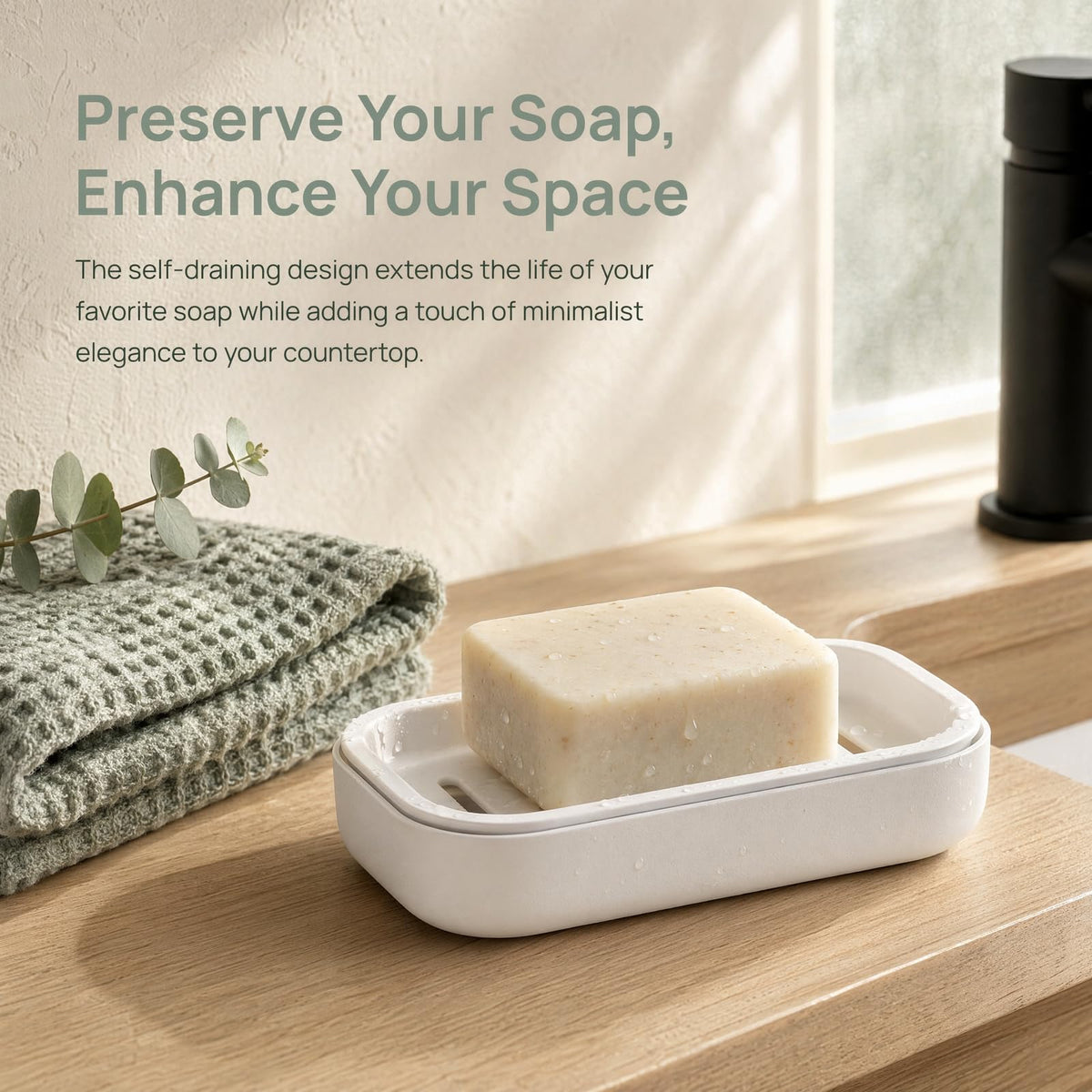 Soap Dish with Drainage, Plastic Soap Holder (White)