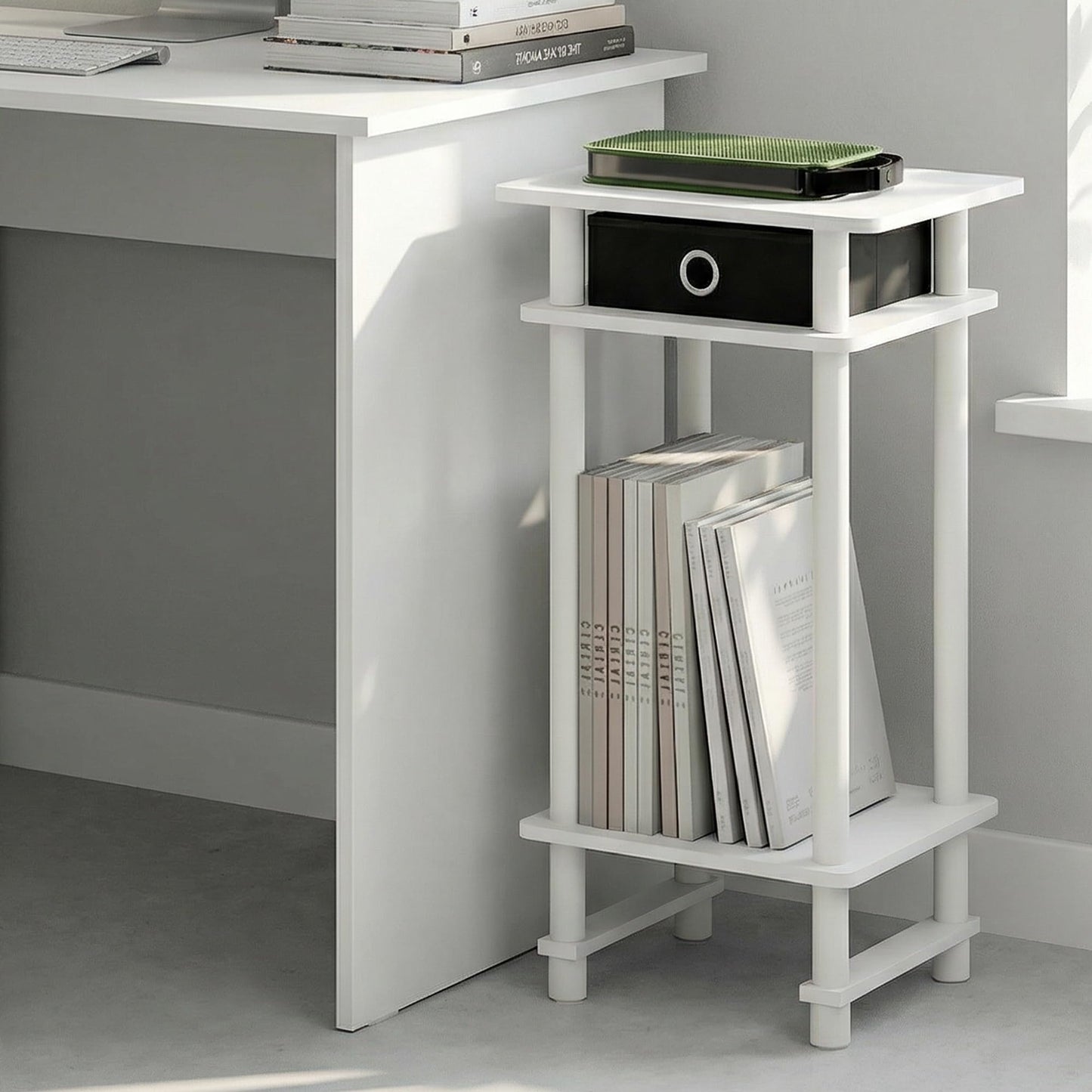 Furinno TURN-N-TUBE Side Table, 3-Tier Tall Narrow Modern End Table with Storage Bin, Open Shelf Night Stand, Bedside Table, Toolless Assembly