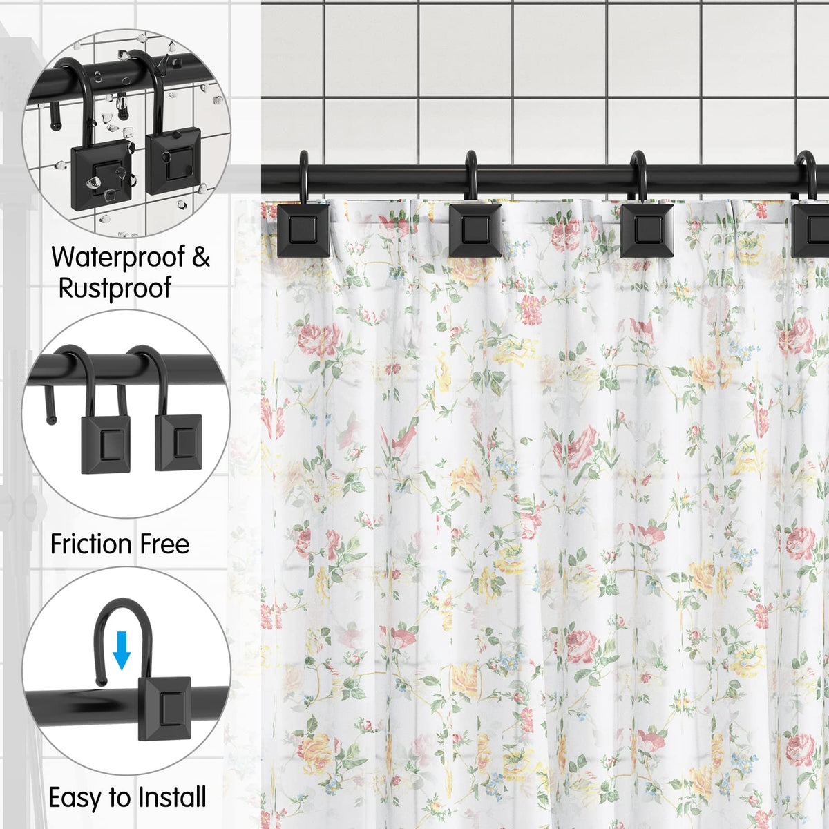 GILLAS 12 Black Zinc Shower Curtain Hooks Rings Square