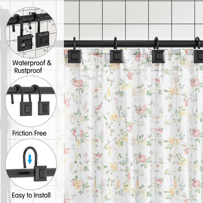 GILLAS 12 Black Zinc Shower Curtain Hooks Rings Square