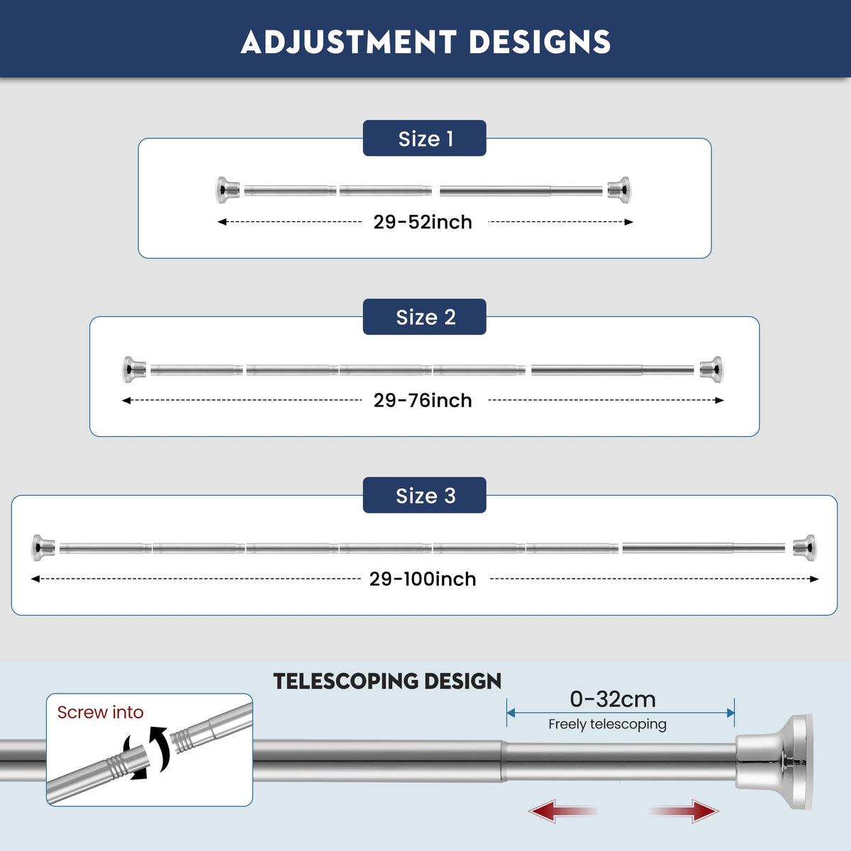 Silver Shower Curtain Pole, No Drilling No Rust Shower Curtain Rail 72cm to 195cm