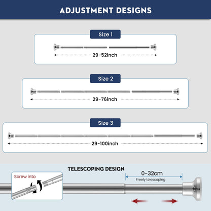 Silver Shower Curtain Pole, No Drilling No Rust Shower Curtain Rail 72cm to 195cm