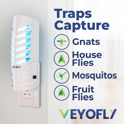 VEYOFLY Fruit Fly Traps for Indoors, Fly-Trap, (2 Device + 6 Refills) Fly-Catcher, Gnat-Traps for House Indoor, Plug in Light Flying Insect-trap, Bug