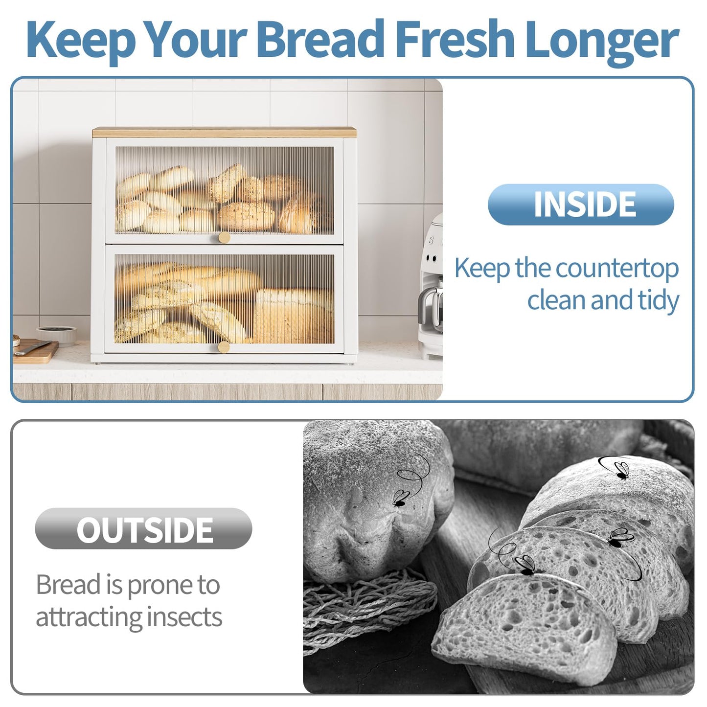 Urackify Bread Bins for Kitchen, Two-Layer Large Bread Box, White Bread Bin with Striped Window Door Panel, Bread Storage with Wood Handle, kitchen