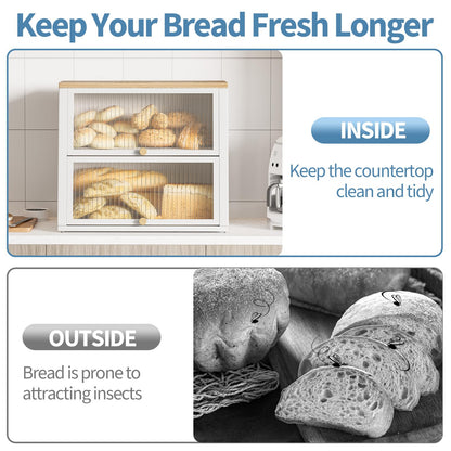 Urackify Bread Bins for Kitchen, Two-Layer Large Bread Box, White Bread Bin with Striped Window Door Panel, Bread Storage with Wood Handle, kitchen