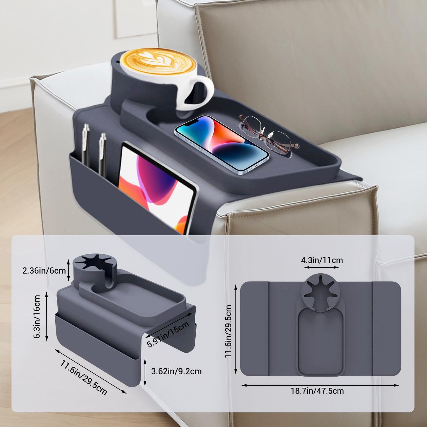 JNCST Sofa Armrest Tray - Silicone Couch Cup Holder with Anti-Slip Base & Multi-Pockets Spill-Proof Sofa Tray for Coffee