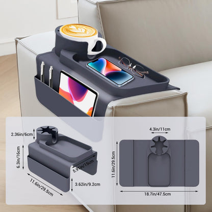 JNCST Sofa Armrest Tray - Silicone Couch Cup Holder with Anti-Slip Base & Multi-Pockets Spill-Proof Sofa Tray for Coffee