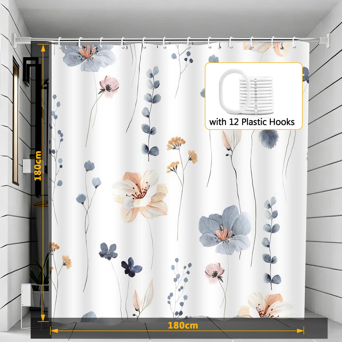 LOSYHU Shower Curtain, Mould Proof Shower Curtain for Bathroom, with 12 Hooks, 180 x 180 cm Waterproof Polyester Fabric Shower Curtains