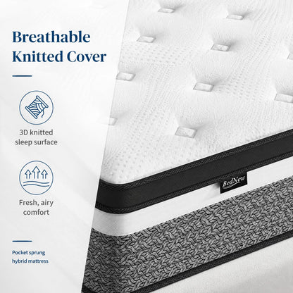 Bednew Double Mattress, 32cm Hybrid Mattresses Double Size 4FT6, Memory Foam & Individually Pocket Spring for Pain Relief, Medium Firm Mattresses