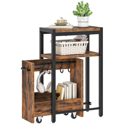 HOOBRO Narrow Side Table, 3-Tier Slim End Table with Pull-Out Drawer for Small Spaces, Industrial Storage Shelf with Wheeled Drawer for Living Room