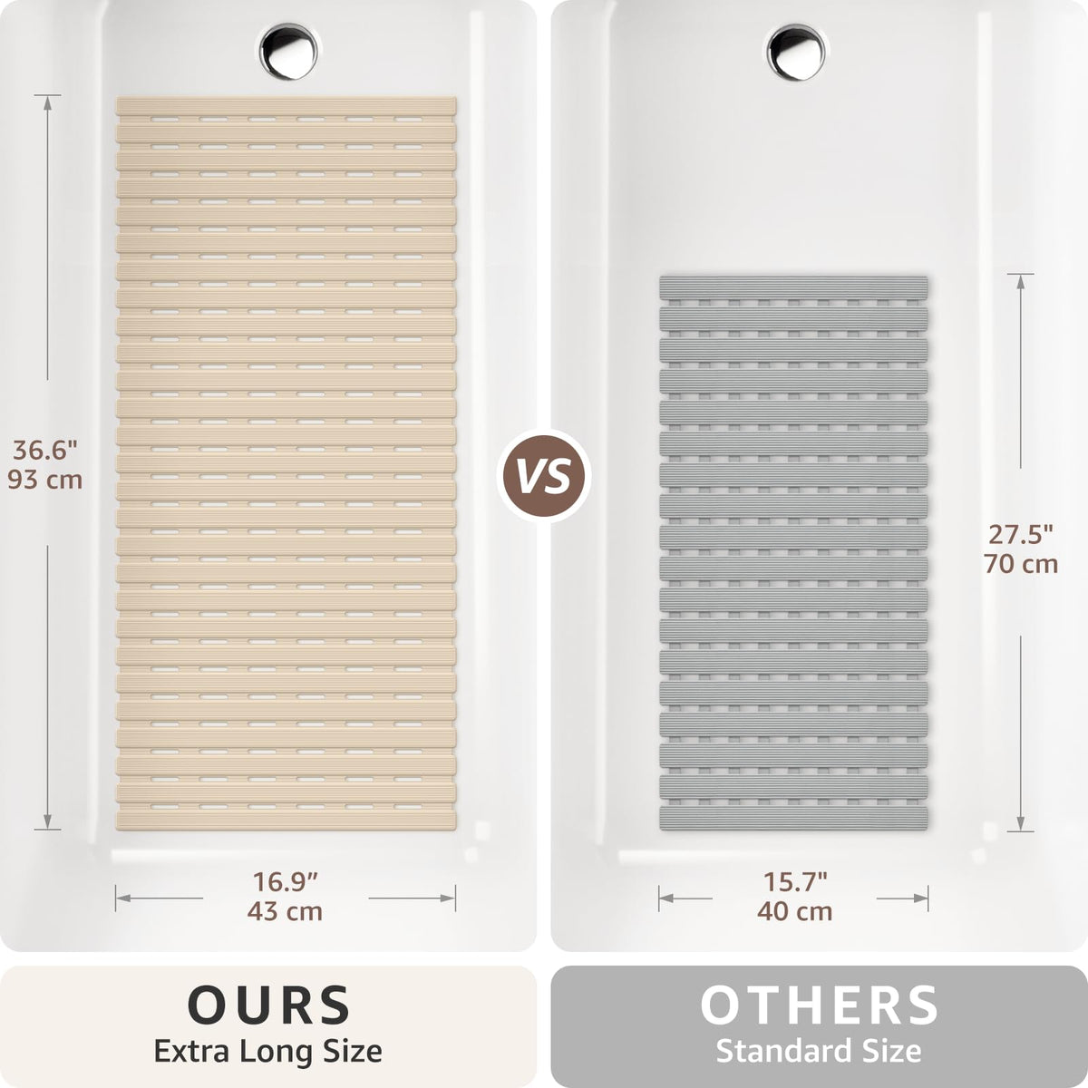 OTHWAY Non Slip Shower Mats, 43 x 93CM Shower Mats for Inside Shower, Soft TPE Bath Mat for Tub Non Slip, Anti Slip Shower Floor Matwith Suction Cups