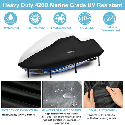 Boat Cover,Trailerable Jet Ski Cover 3 Seats,Heavy Duty 420D Oxford Fabric Motor Boat Cover Waterproof Marine Grade Anti-UV with 2 Air Vents and 4