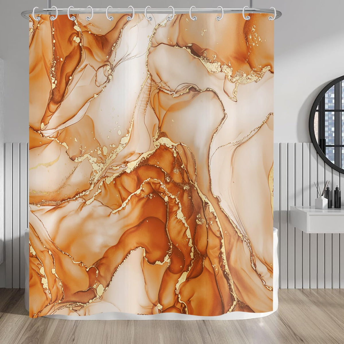 Hnmdmyi Marble Shower Curtain 180x200, Orange Gold Abstract Marble Bathroom Curtains Luxury Modern Aesthetic Art Ink Texture Waterproof Polyester