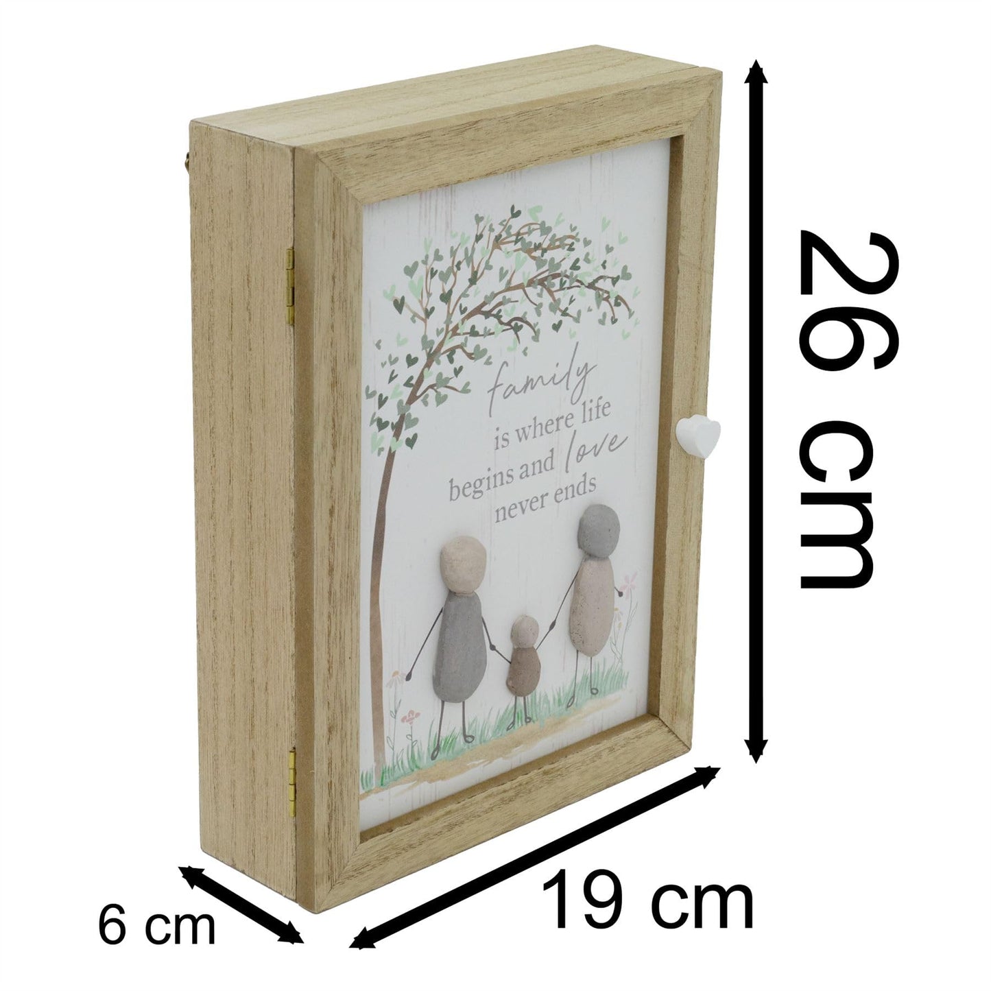 Carousel Home Pebble Family Key Box | Shabby Chic Wooden Family Tree Key Cabinet | Wall Mounted Key Cupboard With 6 Key Hooks Key Holder - 19x26cm