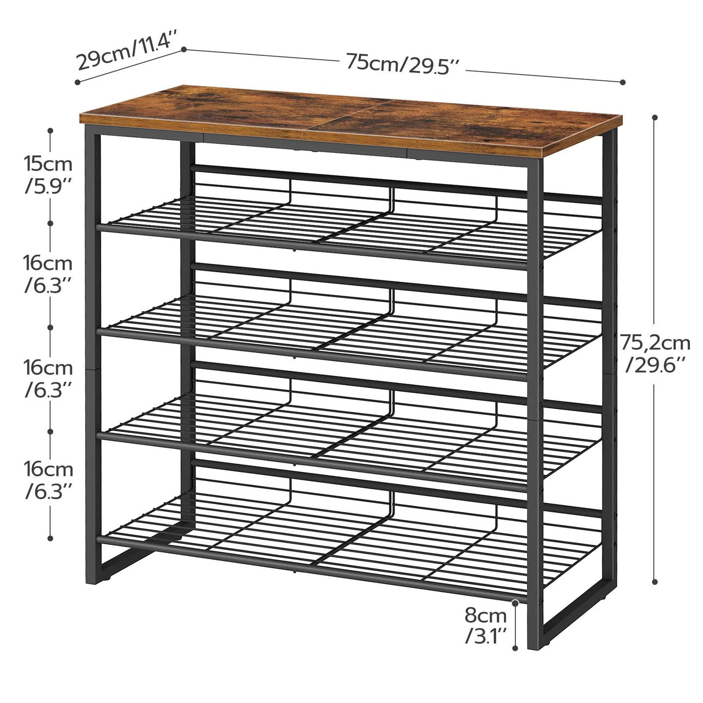 HOOBRO Shoe Rack, 5-Tier Shoe Organizer, Shoe Storage Shelves for 16-20 Pairs, Adjustable Metal Shelf, 75 x 29 x 75.2 cm, Industrial Shoe Stand for