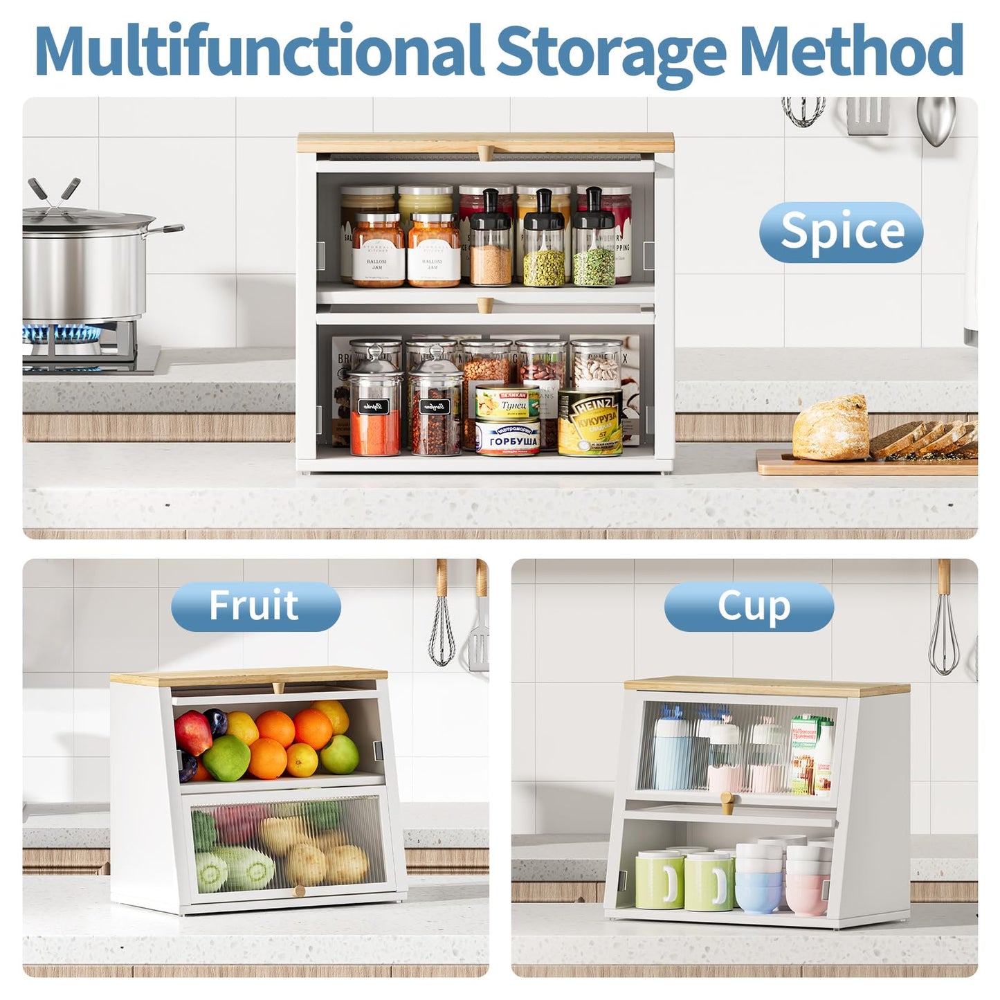 Urackify Bread Bins for Kitchen, Two-Layer Large Bread Box, White Bread Bin with Striped Window Door Panel, Bread Storage with Wood Handle, kitchen