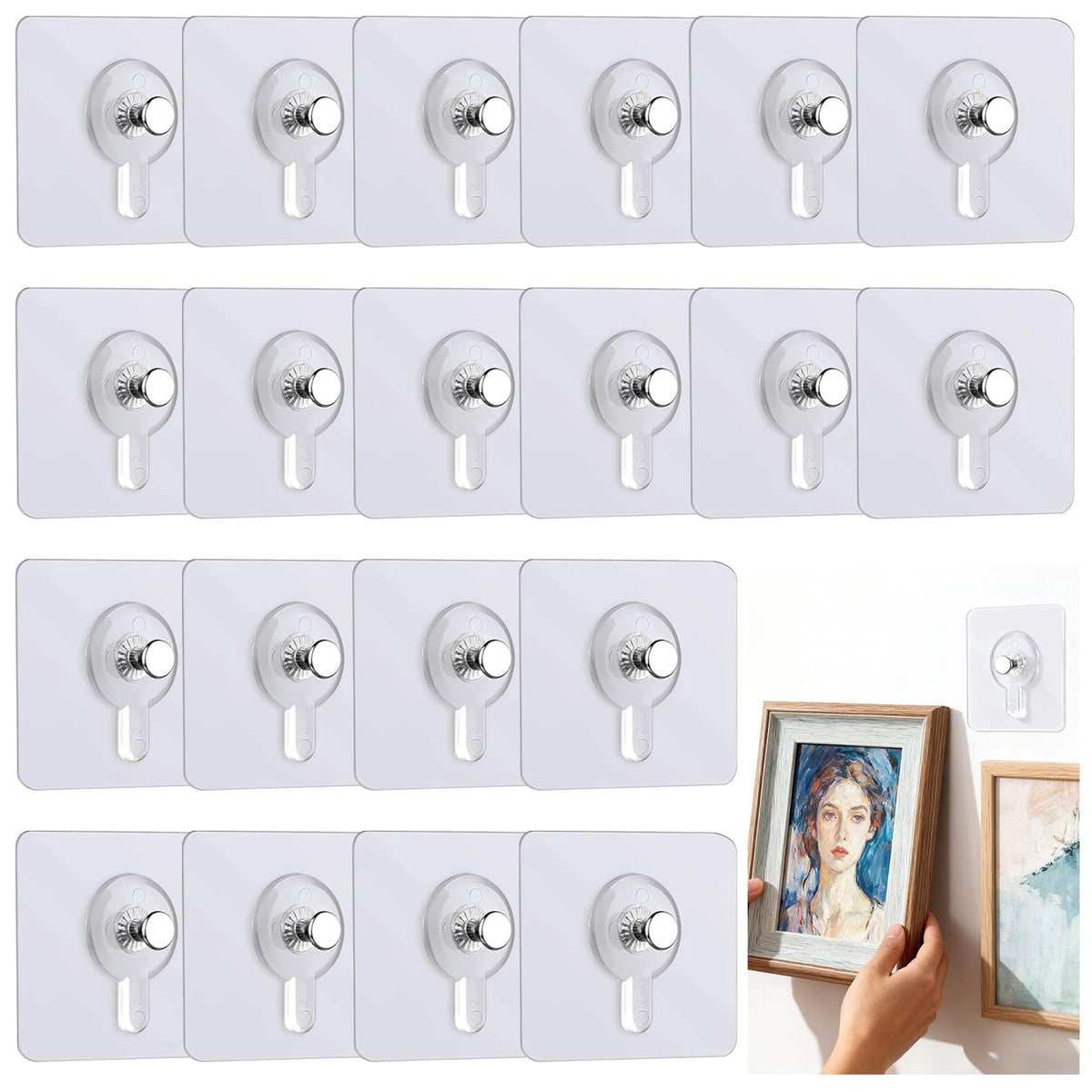 Solvayne 20Pcs Clear Adhesive Hooks for Damage-Free Wall Mounting, No Drilling Needed, Strong Hold for Frames & Decor