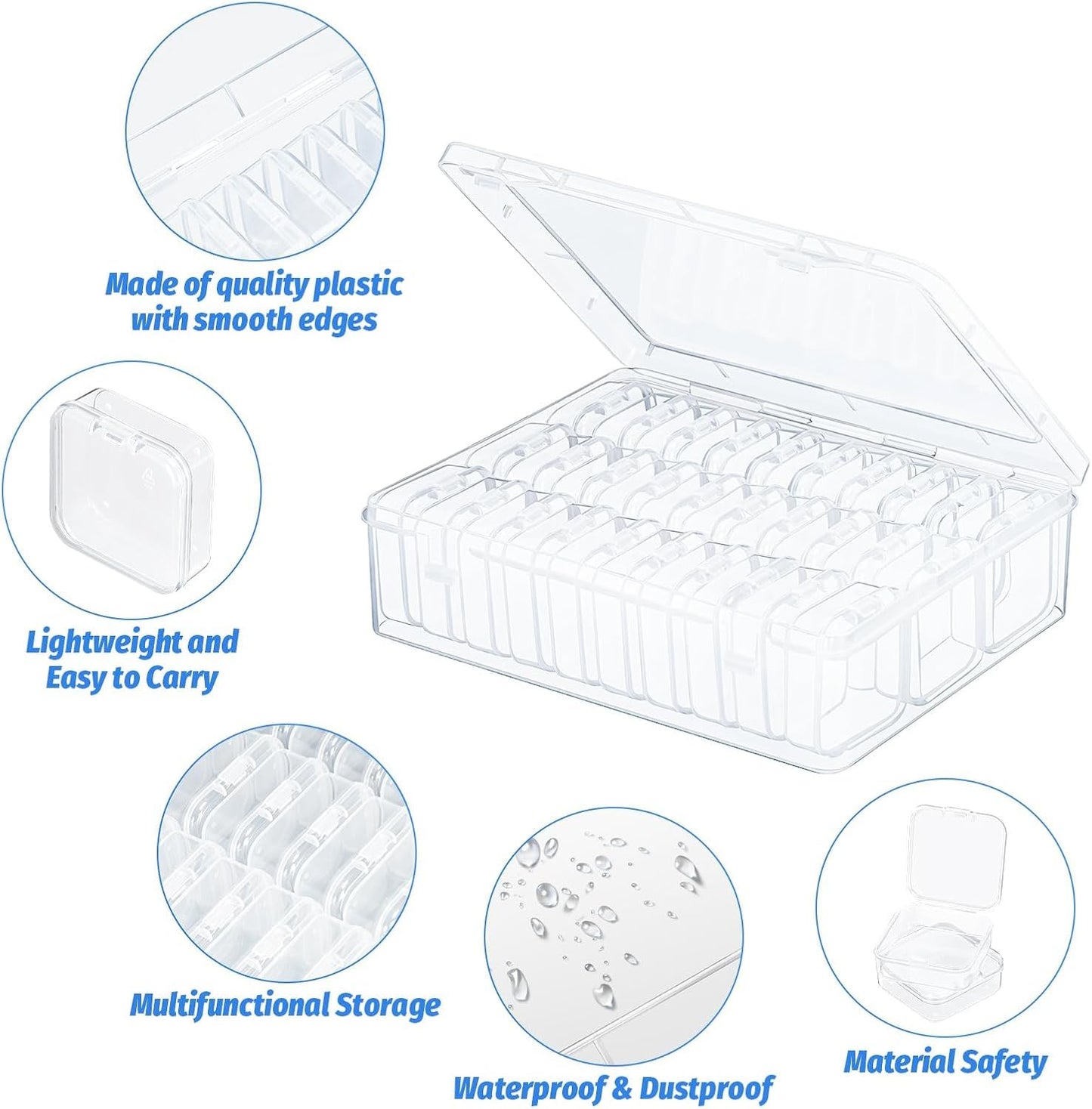 Bhina Pack of 2 Small Storage Boxes (5.5 x 5.5 x 2 cm) Mini Storage Box Made of Clear Plastic Pearl Storage Boxes with Hinged Lid for Beads
