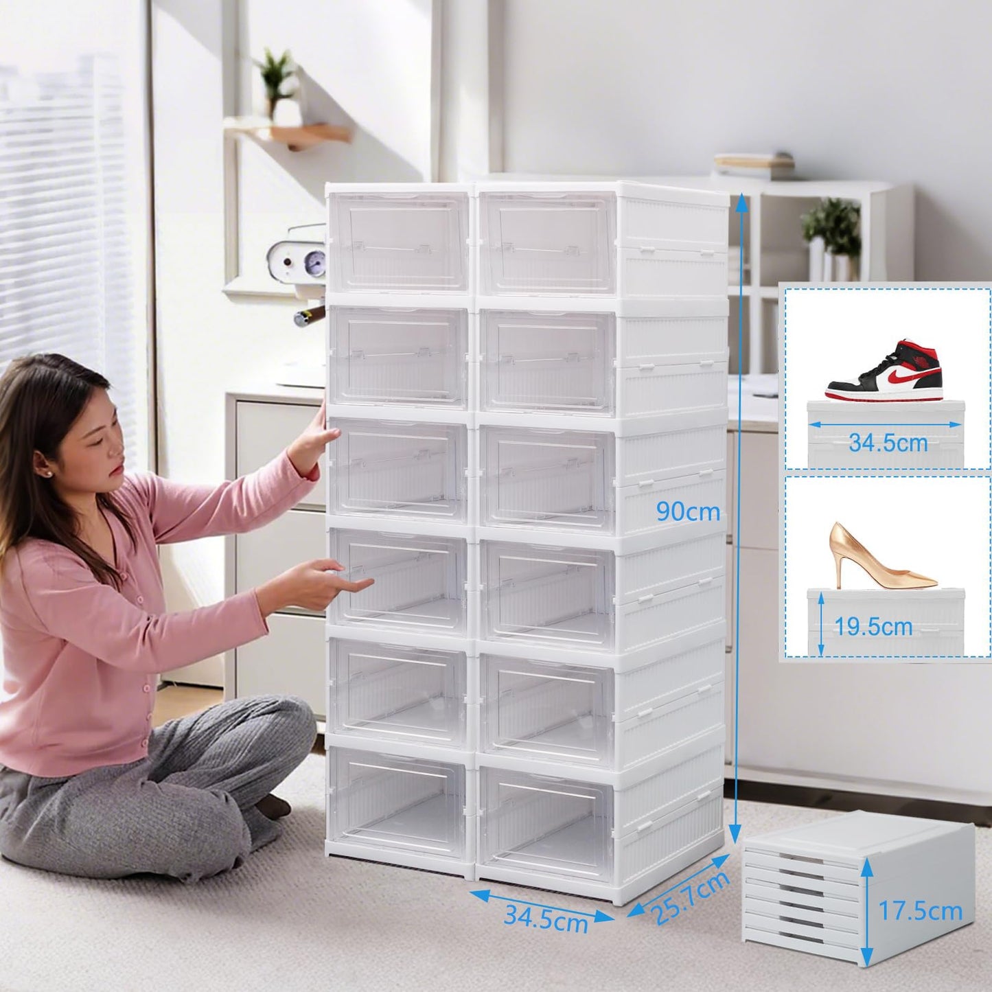 Shoe Storage Box 12PCS Shoe Organiser Clear Stackable with Magnetic Door Installation Free Plastic Trainer Storage Organise Foldable Space Saving Shoe