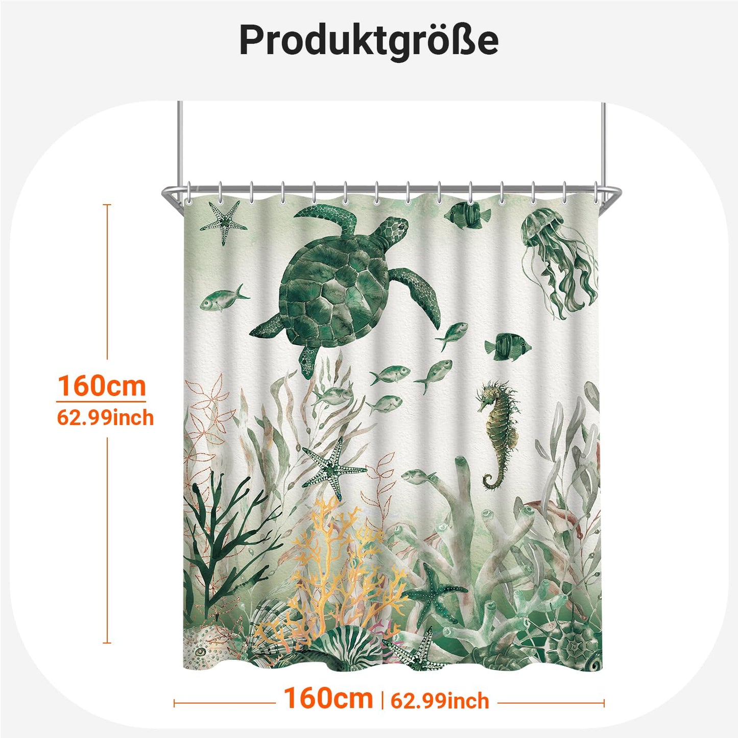 Lerores Shower Curtain 160 x 160 cm, Sea Turtle Anti-Mould Textile, Weighted Hem, Water-Repellent