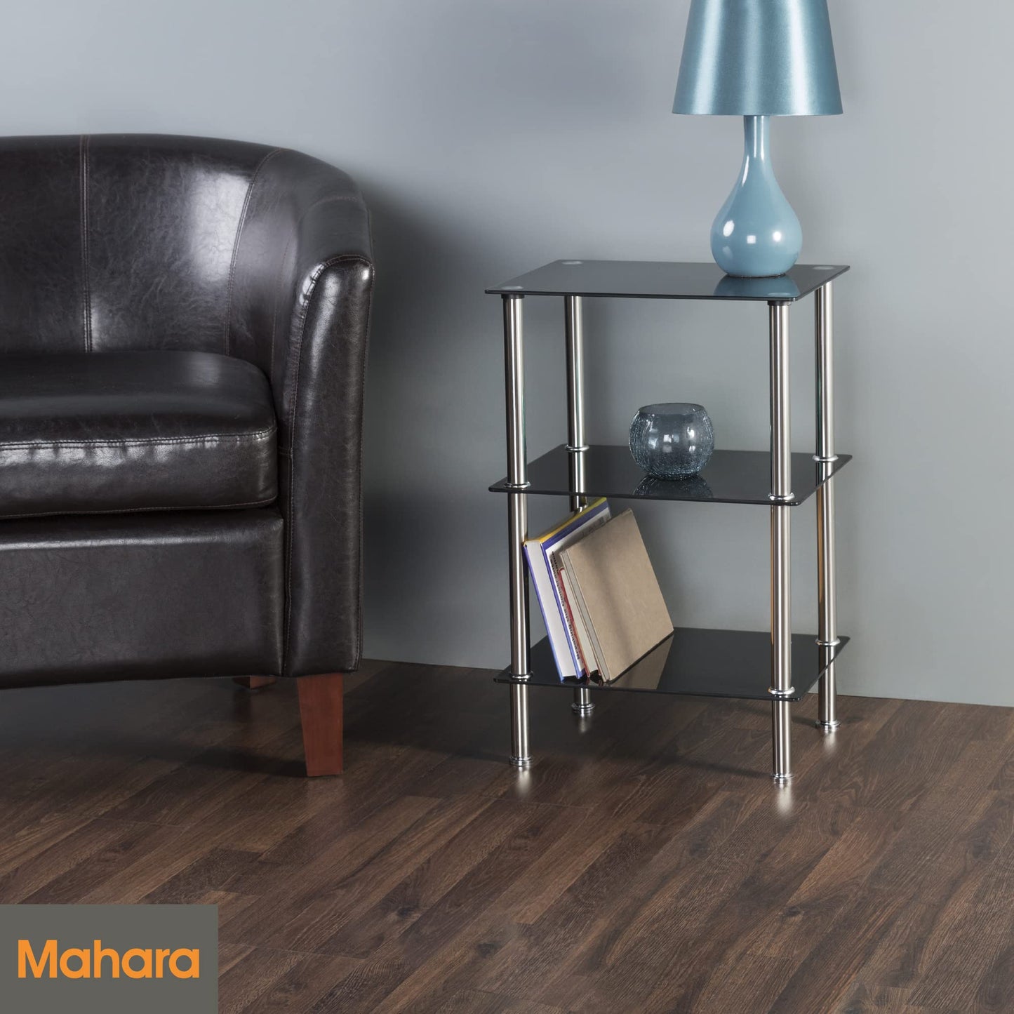 king MAHARA 3 Tier Chrome Effect Black Glass Shelving Unit - Tempered Safety Glass Shelves Max 5kg Each - Storage Unit W40cm x D30cm x H61cm