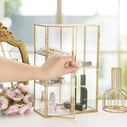 TOLIDA Gold Glass Storage Organiser Cabinet with Doule Doors and Lock