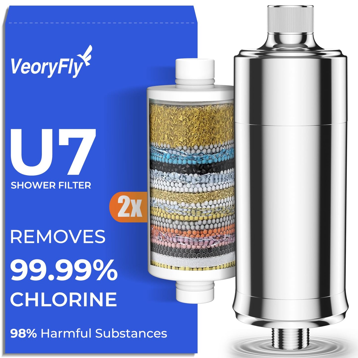 VeoryFly Shower Filter 99% Chlorine Removal with 2 Cartridges, Hard Water Softener Shower Head Filter to Improve Skin & Hair, Easy to Install, Fits