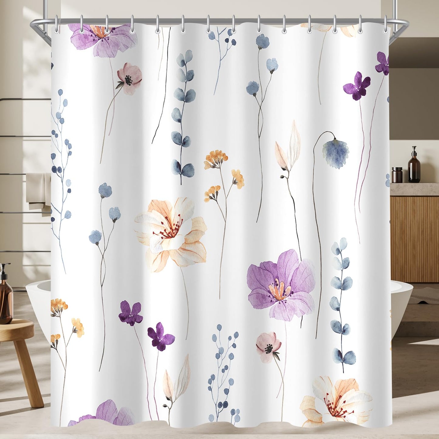 Lerores Shower Curtain, 200 x 200 cm, Purple Flower, Weighted Hem, Anti-Mould, Water-Repellent, Washable Polyester Bath Curtains with 12 Eyelets and