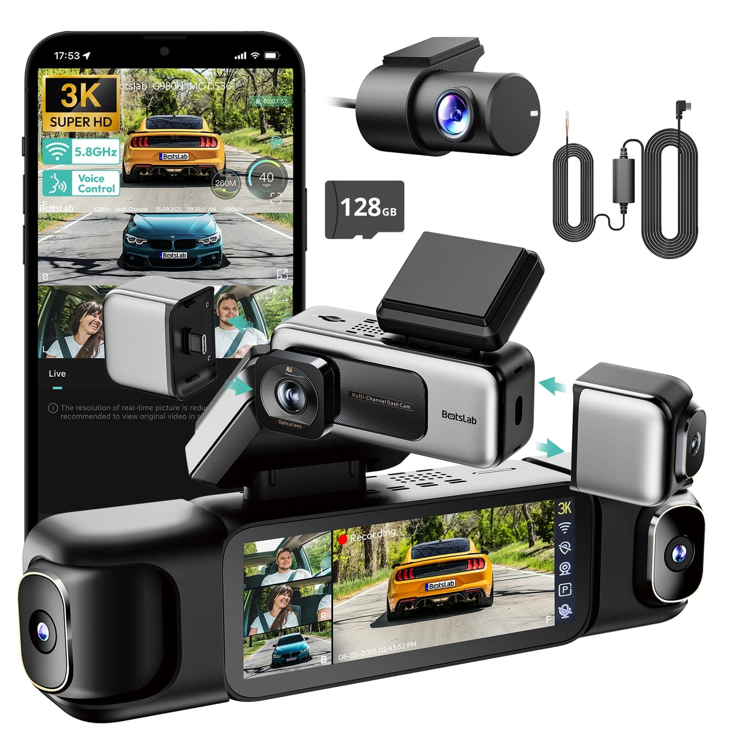 BOTSLAB 3K 4 Channel Dash Cam, 3K/4K Front and 3 * 1080p Car Camera Left Right Rear with 560? Wide Angle, 24/7 Parking Mode, Built-in 5.8GHz WiFi and