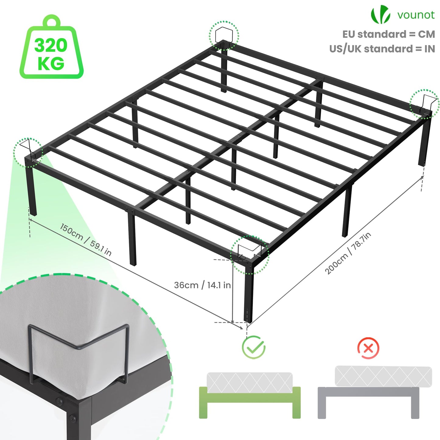 VOUNOT King Size Bed Frame 150 x 200 cm - Sturdy Metal Bed Frame with Steel Slat Support - 36cm Height Storage Space Under the Bed - Black