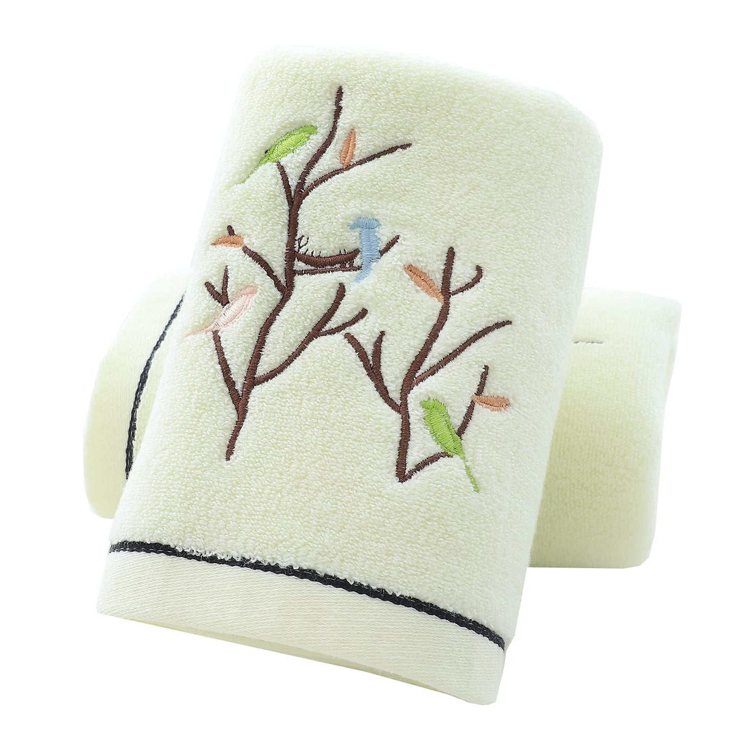 Pidada Hand Towels Set of 2 Embroidered Bird Tree Pattern 100% Cotton Absorbent Soft Decorative Towel for Bathroom 35 x 75 cm (Light Yellow)