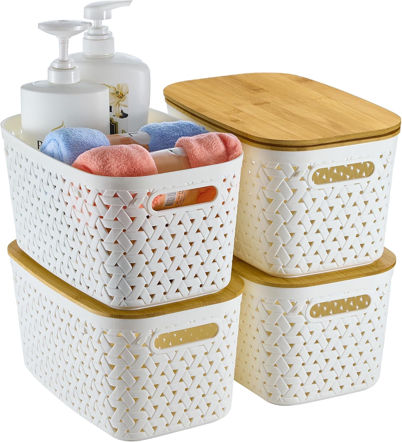 Sagittar Set of 4 Storage Boxes with Bamboo Lid, Plastic Storage Baskets, Imitation Rattan Baskets, Minimalist Storage Boxes for Desks, Coffee Tables