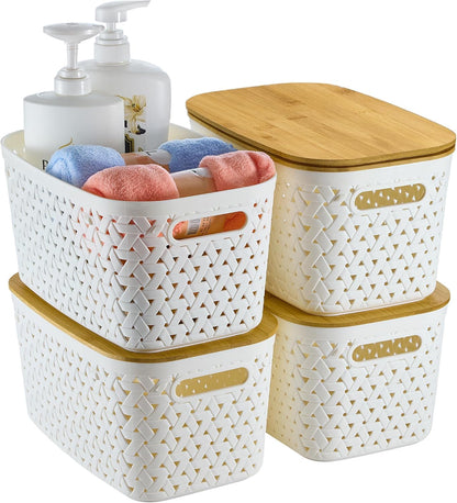 Sagittar Set of 4 Storage Boxes with Bamboo Lid, Plastic Storage Baskets, Imitation Rattan Baskets, Minimalist Storage Boxes for Desks, Coffee Tables
