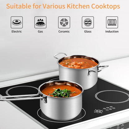 Saucepan Set 6 Pieces, Stainless Steel Pot and Pan Set, Saucepan with Glass Lids Cookware, Cookware Set Compatible with Induction, Gas and Electric