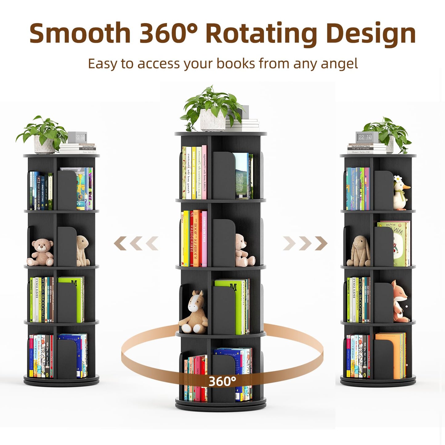 WEMANER 4-tier Rotating Kids Bookshelf, Wooden 360° Small Corner Revolving Spinning Bookcase