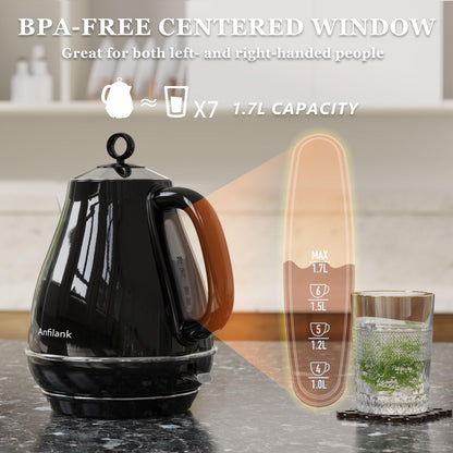 Anfilank Electric Kettles Fast Boil 3000W, 1.7L Stainless Steel Kettle, BPA Free, Auto Shut-Off and Boil-Dry Protection, Black